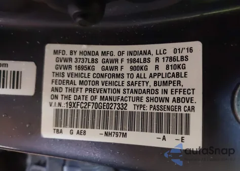 2016 Honda Civic Ex from USA, damaged, VIN 19XFC2F70GE027332